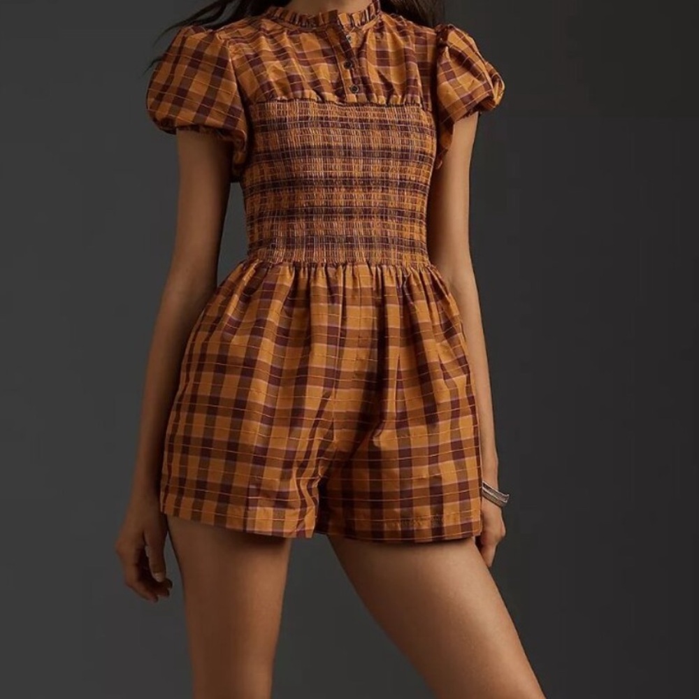 Maeve (Anthropologie) Puff-Sleeve Plaid Smocked Romper